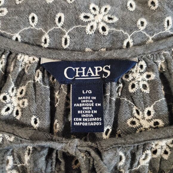 Ralph Lauren Chaps Sheer Eyelet 3/4 Sleeve Peasant Top Size L Tie Neck Cottage - Picture 7 of 11